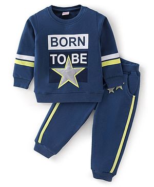Babyhug Cotton Knit Full Sleeves T-Shirt & Lounge Pant Set Star Print - Blue