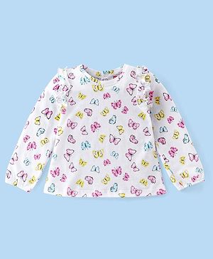 Babyhug Cotton Knit Full Sleeves Butterfly Print T-Shirt with Frill Detailing - White