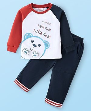 Babyhug 100% Cotton Knit Raglan Sleeves T-Shirt & Lounge Pant Set Teddy Print - Multicolour