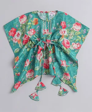 Taffykids Half Sleeves Floral Printed & Gota Lace Embellishe Kaftan Top - Green