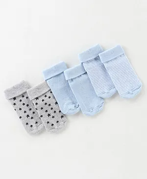 Cute Walk by Babyhug Cotton Blend Ankle Length Anti Skid Socks Stripes & Stars Design Pack of 3 - Blue & Grey