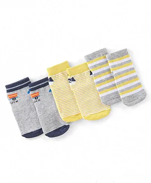 Cute Walk by Babyhug Cotton Blend Ankle Length Anti Skid Socks Stripes & Truck Design Pack of 3 - Blue Grey & Yellow
