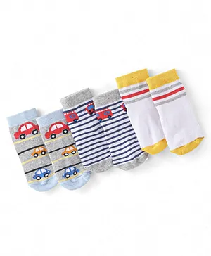 Cute Walk by Babyhug Cotton Blend Ankle Length Anti Skid Socks Stripes & Car Design Pack of 3 - White Grey & Yellow