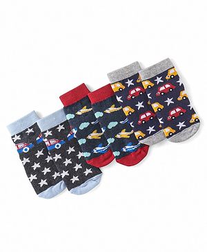 Cute Walk by Babyhug Cotton Blend Ankle Length Anti Skid Socks Stars & Plane Design Pack of 3 - Blue Grey & Red