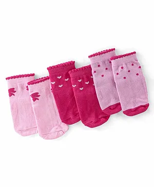 Cute Walk by Babyhug Cotton Blend Ankle Length Anti Skid Socks Heart & Dot Design Pack of 3 - Pink