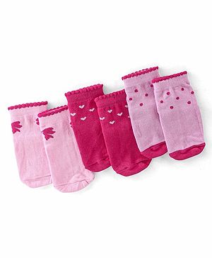 Cute Walk by Babyhug Cotton Blend Ankle Length Anti Skid Socks Heart & Dot Design Pack of 3 - Pink