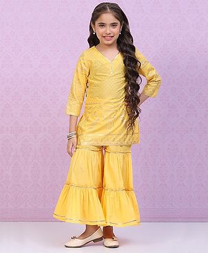 BIBA Three Fourth Sleeves Etnic Peacock Motif Foil Printed & Gota Lace Embellished Kurta With Sharara Set -  Yellow