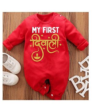 KNITROOT Diwali Theme Full Sleeves  My First Diwali Glitter Text  Printed Romper - Red