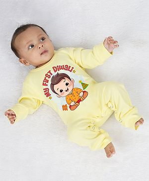 KNITROOT Diwali Theme Full Sleeves My First Diwali Text Printed Romper - Yellow