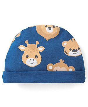 Babyhug 100% Cotton Knit Cap Animal Print Blue - Diameter 13 cm