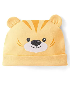 Babyhug 100% Cotton Knit Tiger Print Cap - Mustard
