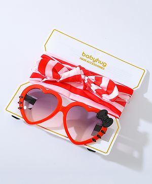 Babyhug Free Size Bow Headband with Heart Shape Sunglasses - Red