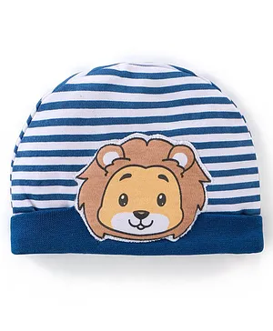 Babyhug 100% Cotton Knit Striped Cap with Lion Applique - Navy Blue