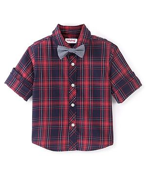 Babyhug Cotton Woven Full Sleeves Shirt Checkered with Bow - Navy Blue & Red