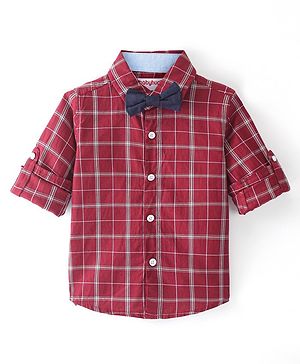 Babyhug Cotton Woven Full Sleeves Shirt Checkered with Bow - Maroon