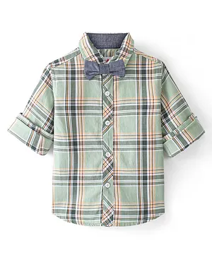 Babyhug Cotton Woven Full Sleeves Shirt Checkered with Bow - Green