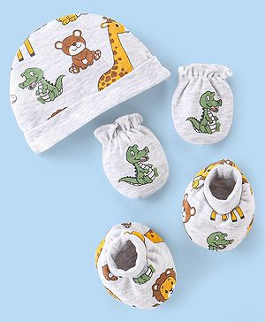 Babyhug 100% Cotton Knit Cap Mittens & Booties Set Teddy Print - Grey