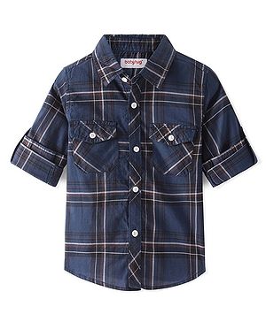 Babyhug 100% Cotton Woven Full Sleeve Check Regular Collar Double Pocket Shirt - Navy Blue