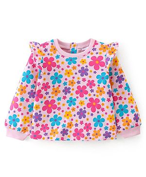 Babyhug 100% Cotton Knit Full Sleeves Winter Top Floral Print - Pink