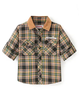 Babyhug 100% Cotton Knit Full Sleeve Shirt With Front Pockets Checkered - Blue & Green