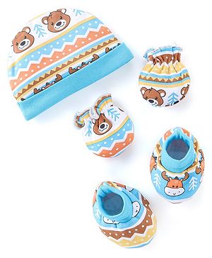 Babyhug 100% Cotton Knit Cap Mittens & Booties Set Teddy Print - Blue
