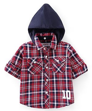 Babyhug 100% Cotton Knit Full Sleeve Shirt With Attachable Hood Checkered - Red