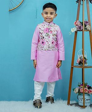 Li&Li BOUTIQUE Full Sleeves Solid Kurta & Pyjama With Floral Printed Jacket - Light Pink &  White