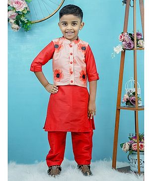 Li&Li BOUTIQUE Full Sleeves Solid Kurta & Pyjama With Floral Printed Jacket - Peach & Red