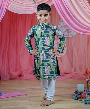 Li&Li BOUTIQUE Full Sleeves Lotus Flower Printed Kurta & Pyjama - White And Sea Green