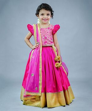 Li&Li BOUTIQUE Cap Frill Sleeves Floral Printed With Gota Lace & Sequin Embellished Choli Lehanga Set - Pink & Golden