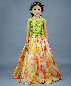 Li&Li BOUTIQUE Sleeveless Straight  Ruffled Applique Pearl & Beaded Embellished Top With Water Colour Effect Skirt - Green &  Yellow