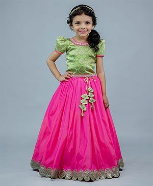 Li&Li BOUTIQUE Half Puff Sleeves Floral Leaf Design & Mirror Work Embellished Top With Lehenga  - Green &  Pink