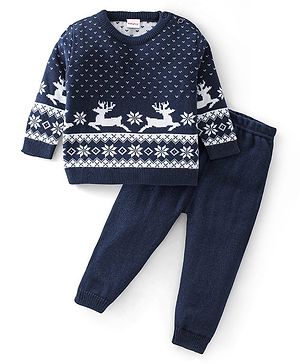 Babyhug Knitted Full Sleeves Sweater Set Deer Design - Navy Blue Babyhug Knitted Full Sleeves Sweater Set Deer Design - Navy Blue