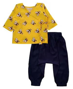 Snowflakes  Infant Three Fourth Sleeves Honey Bee Printed Jabla Top With Harem Pant Set - Yellow & Blue