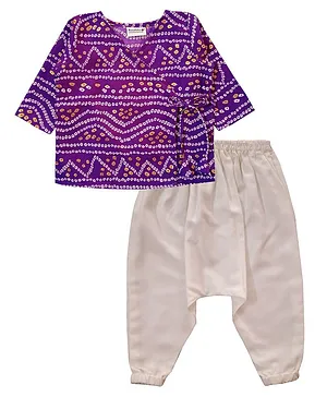 Snowflakes  Infant  Three Fourth Sleeves Bhandhej Designed Jabla Top With Harem Pant Set - Purple & White
