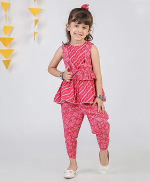 Budding Bees Sleeveless Cambric  Leheriya & Bhandhej Designed With Lace Embellished Peplum Top & Pant  With Scrunchies - Pink
