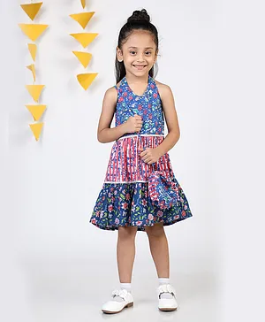 Budding Bees Sleeveless Flower Motif Printed & Abstract Striped Pattern Designed Tiered Dress - Blue
