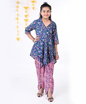 Budding Bees Three Fourth Sleeves Seamless Floral Printed Kurta With Abstract Striped Pattern Tulip Salwar - Blue