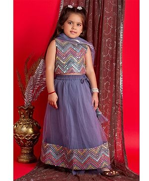 Bella Moda  Sleeveless Chevron Designed Mirror Work Embellished  Lehenga Set - Grey