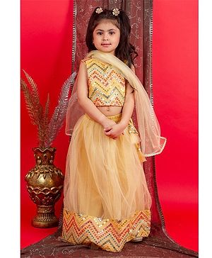 Bella Moda  Sleeveless Chevron Designed Mirror Work Embellished  Lehenga Set - Yellow