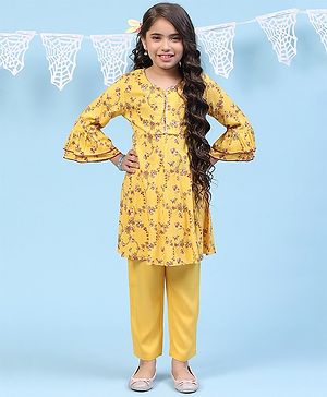 BIBA Rayon Three Fourth Bell Sleeves Floral Printed Churidar Kurta Set - Yellow