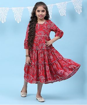 BIBA Rayon Three Fourth Paisley Motif  Printed A Line High Low Kurta Dress - Red