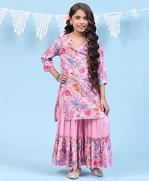 BIBA Rayon Three Fourth Sleeves Floral & Animal Printed Kurta Sharara Set - Pink