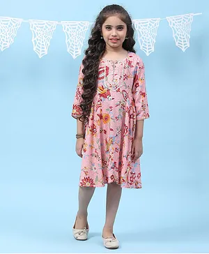 BIBA Three Fourth Sleeves Seamless Intricate Designed & Floral Printed With Gota Lace Embellished Kurta Style Dress - Pink