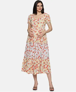CHARISMOMIC Half Sleeves Crape Floral Printed Layered Maternity & Nursing Dress With Concealed Zipper Access - Yellow