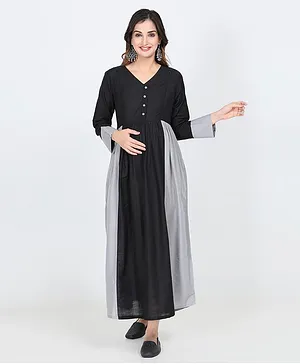 CHARISMOMIC Three Fourth Sleeves Colour Blocked  Paneled Maternity And Nursing Dress With Concealed Zipper Access - Black
