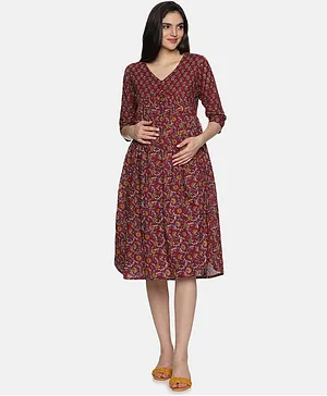 CHARISMOMIC Three Fourth Sleeves Floral Printed Maternity  Dress With Concealed Zipper Nursing Access  -  Maroon