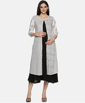 CHARISMOMIC Three Fourth Sleeves Architecture Intricate Printed Jacket With Rayon Maternity Dress With Concealed Zipper Nursing Access  - Black And White
