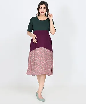 CHARISMOMIC Viscose Rayon Half Sleeves Colour Block Detailed  Maternity Dress  With Concealed Zipper Nursing Access  - Green & Purple