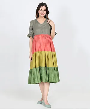 CHARISMOMIC Rayon Three Fourth Sleeves Striped Designed Colour Block Detailed Maternity Dress With Concealed Zipper Nursing Access   -  Multi Colour